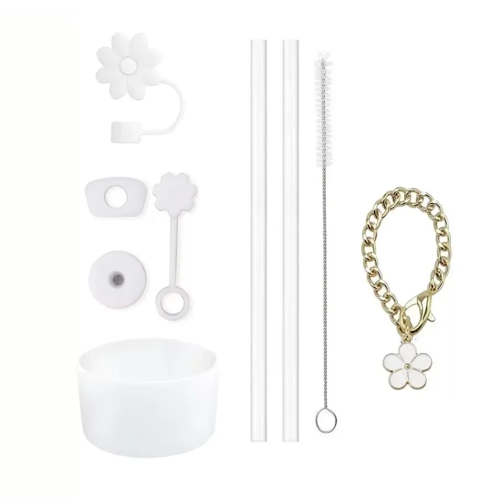 Accessories for Stanley Cup Set of 9, 2 Straw and Brush and 1 Flower Charm Chain 3 Spill Proof Stopper Flowers Straw Cover Boot