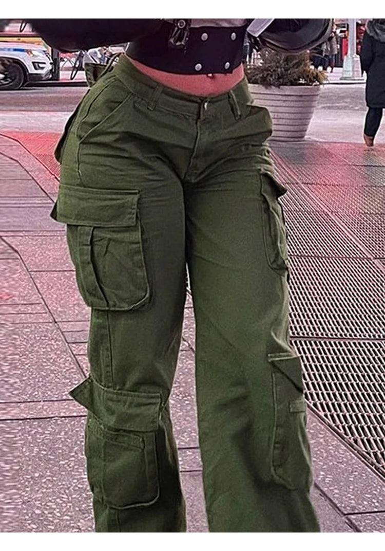 Womens New Denim Cargo Pants Retro Loose Trousers Multi Pocket Hip Hop Jeans Streetwear Wide Leg Casual Straight Pants TC708321 - Premium Kiosk