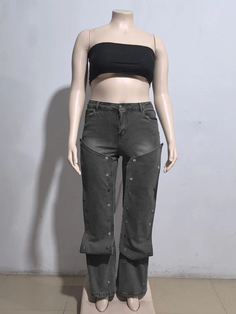 Women Streetwear Button Cutout Cargo Straight Denim Wide Leg Jeans Pants 2024 Elastic INS Fashion Party Cargo Trousers - Premium Kiosk