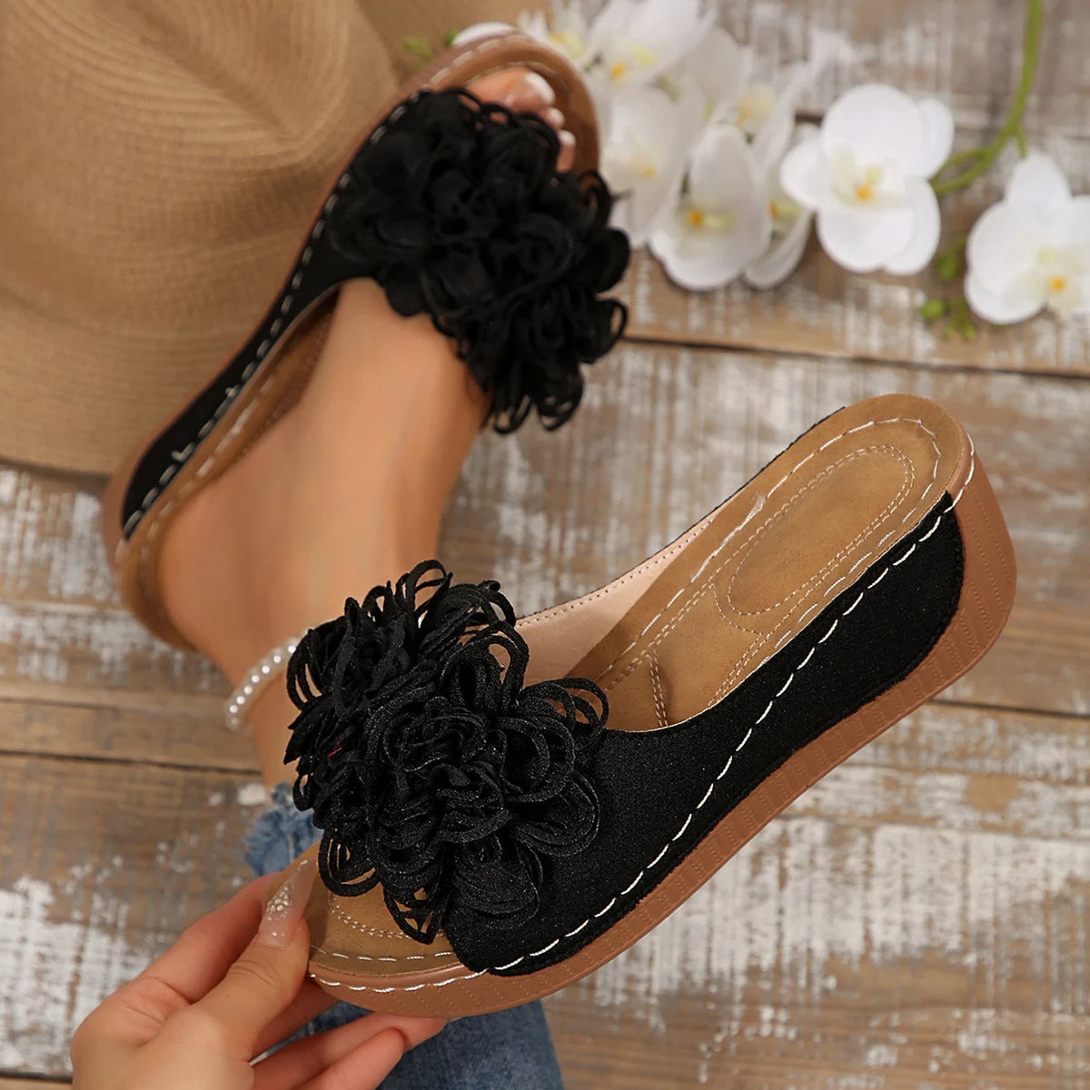 Women Wedges Slippers 2025 New Summer Sandals Slip on Fashion Woman Shoes Comfortable Flower Platform Slippers Slides Women - Premium Kiosk