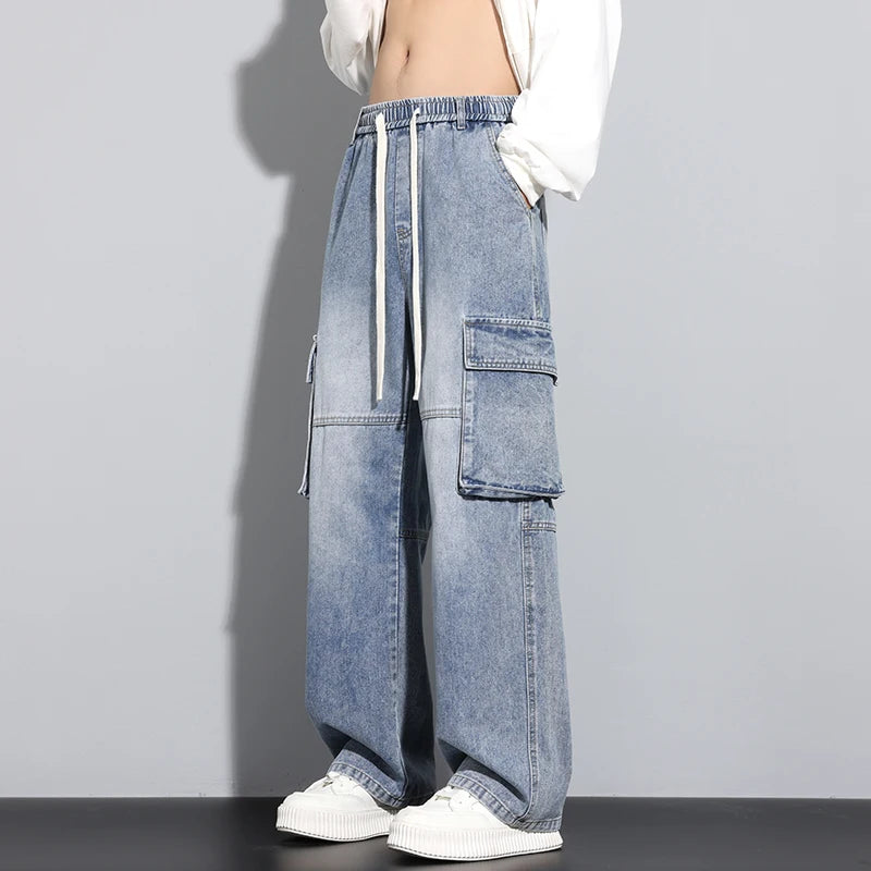 Men's Straight Cargo Jeans New Elastic Waist Multi-pockets Baggy Denim Pants Y2K Fashion Harajuku Streetwear Trousers Male - Premium Kiosk