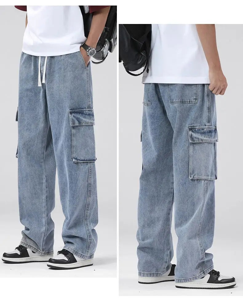 Men's Baggy Straight Cargo Jeans Elastic Waist Drawstring Casual Pants High Street Fashion Vintage Trousers Male Trendy Brand