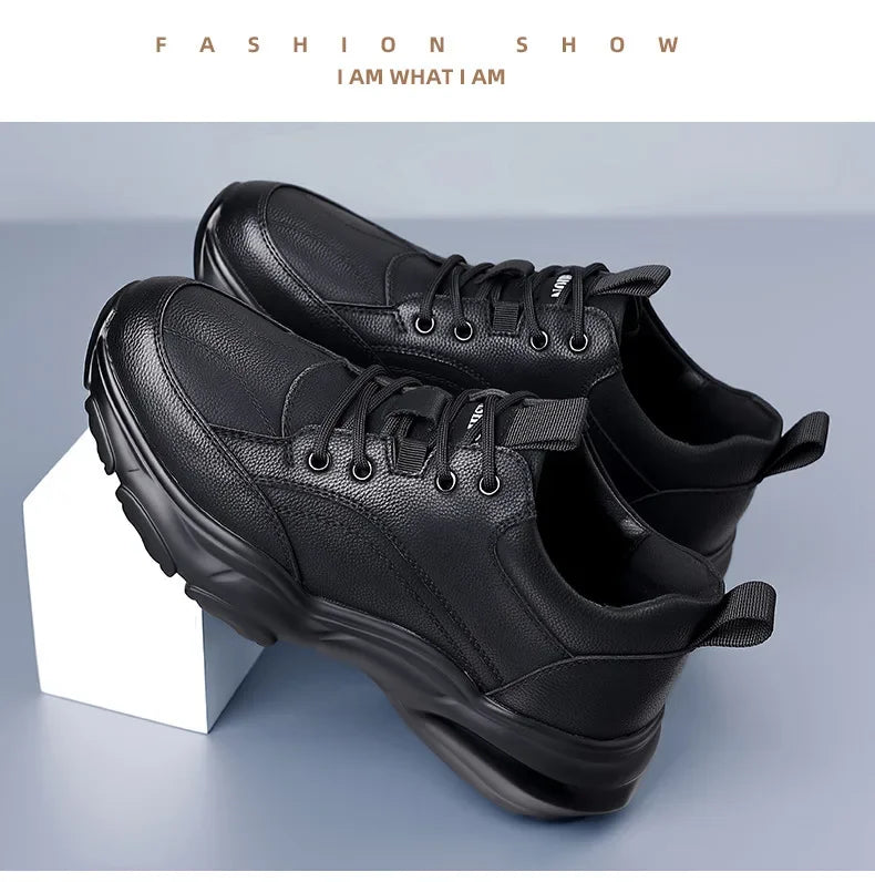 2025 New Designer Black Platform Sneakers for Men Fashion Casual Spring Autumn Soft Sole Cow Leather Shoes Man Zapatos De Hombre