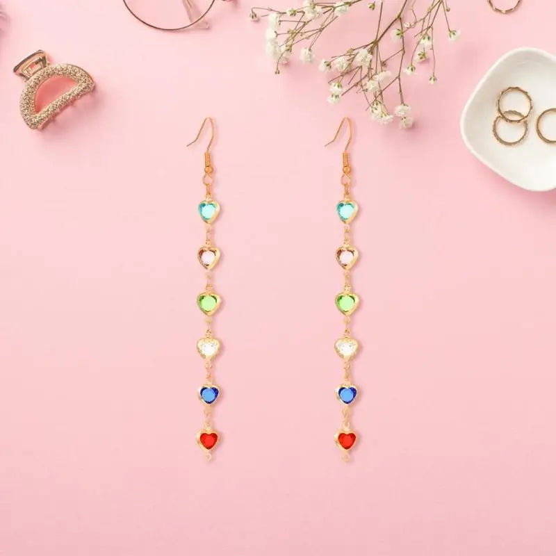2025 New Trendy Long Earrings Featuring Colorful Geometric Shapes and Artificial GemsDangle Ear Hook for a Standout Look