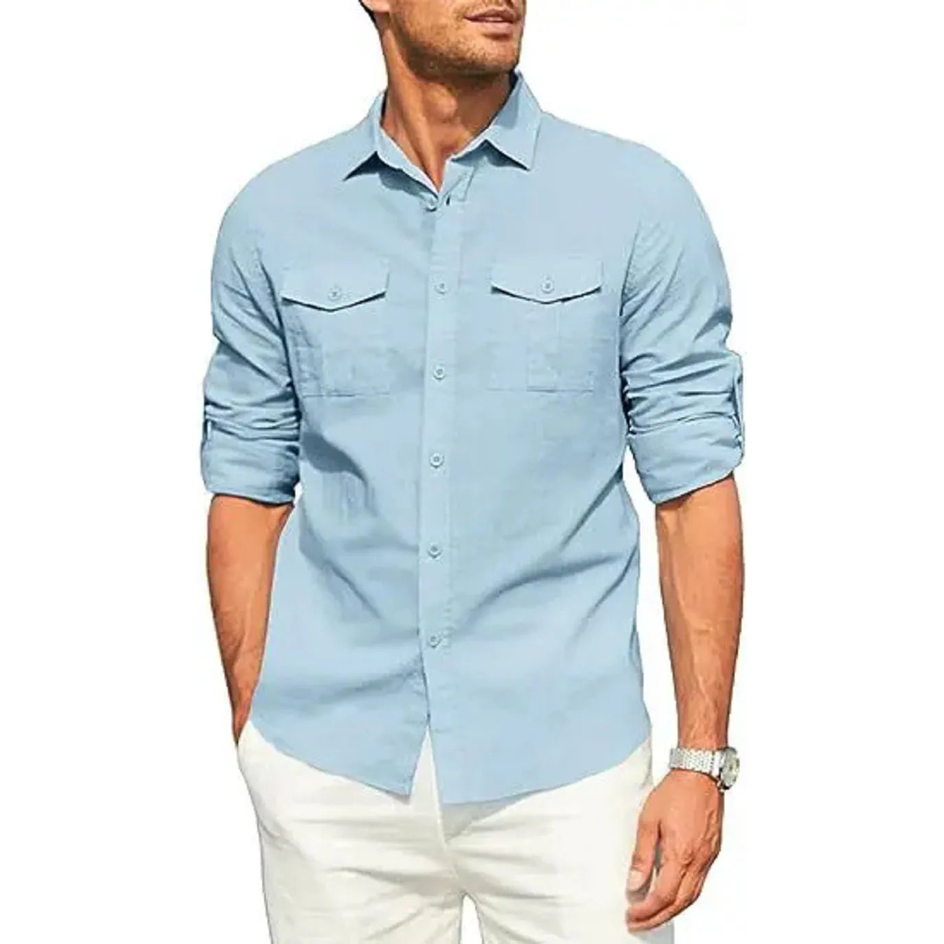 Men's Shirt Double-pocket Long-sleeved Shirt Casual Holiday Shirt Solid Color Simple Lapel Solid Color Work Shirt Top Shirt