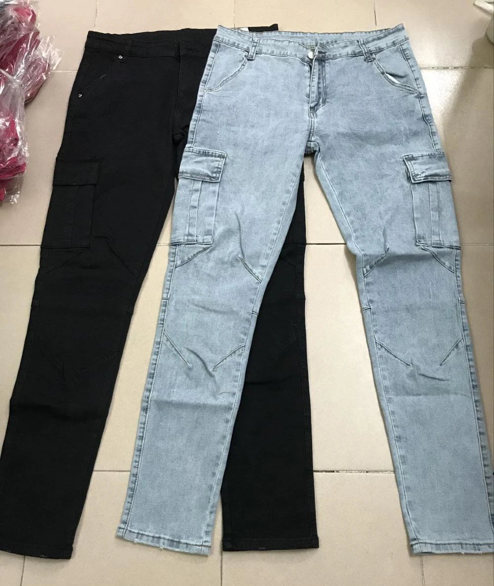 Street Elastic Jeans Men Denim Cargo Pants Wash Solid Color Multi Pockets Casual Mid Waist Trousers Slim Fit Daily Wear Joggers - Premium Kiosk