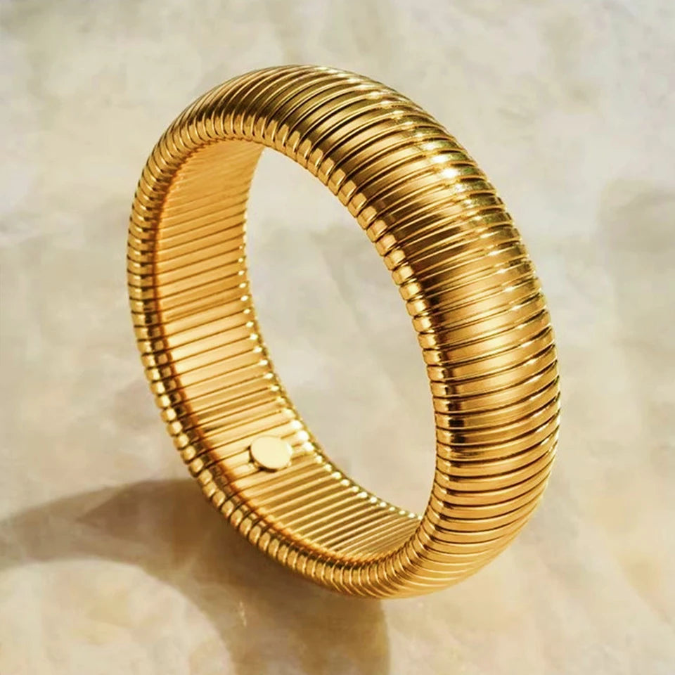 Yupsk Waterproof Stainless Steel Retro Elasticity Thick Metal Polish Bracelet 18K Gold Plated Fashion Jewelry for Men Women