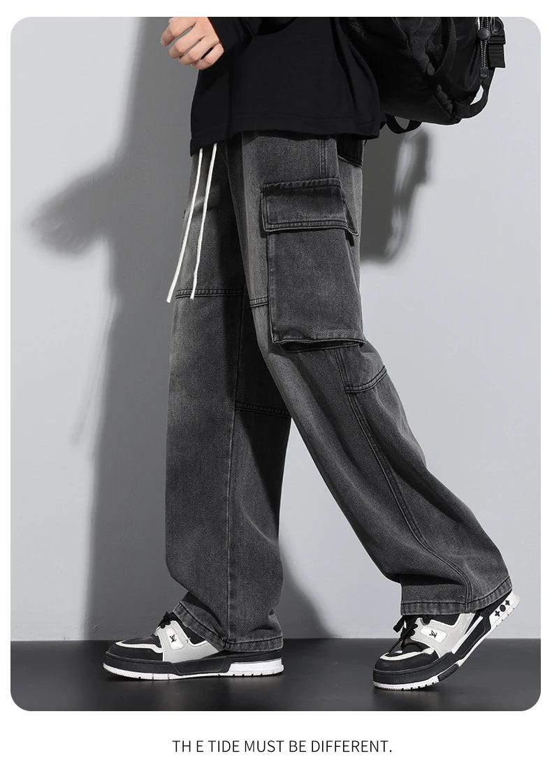 Men's Straight Cargo Jeans New Elastic Waist Multi-pockets Baggy Denim Pants Y2K Fashion Harajuku Streetwear Trousers Male - Premium Kiosk