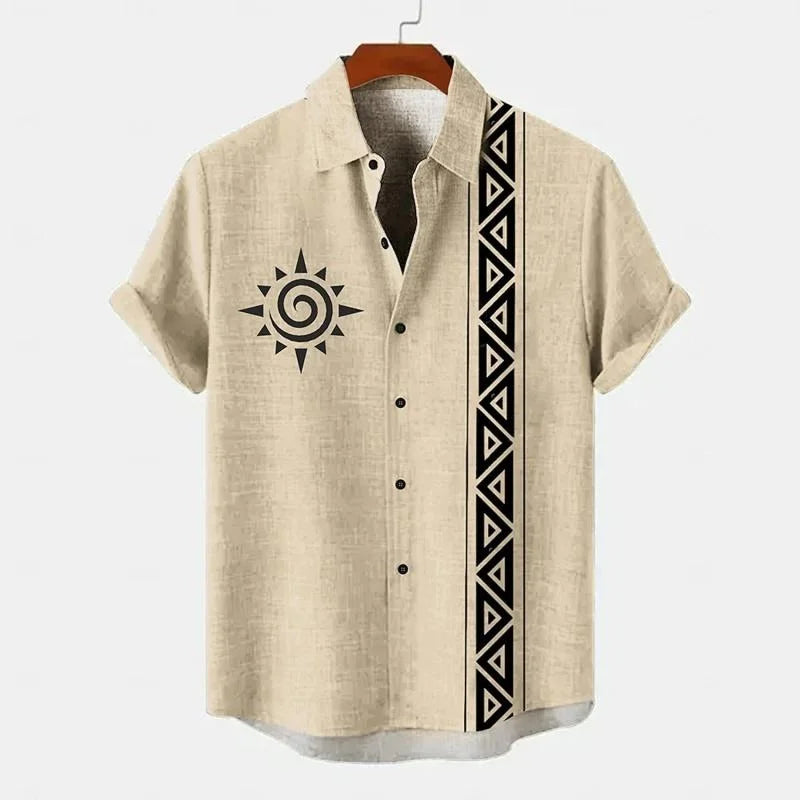 Men's shirt linen summer shirt beachwear blue short sleeved solid color lapel summer casual