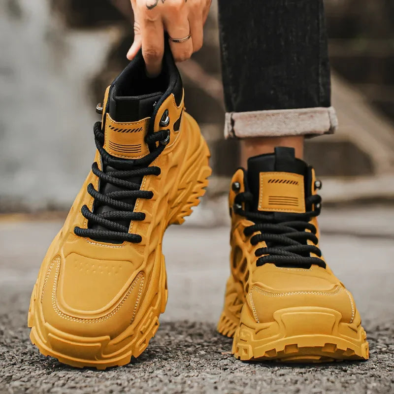 2025 Men's high-top thick-sole casual shoes versatile mixed material daddy sneakers outdoor tooling wear-resistant men's shoes