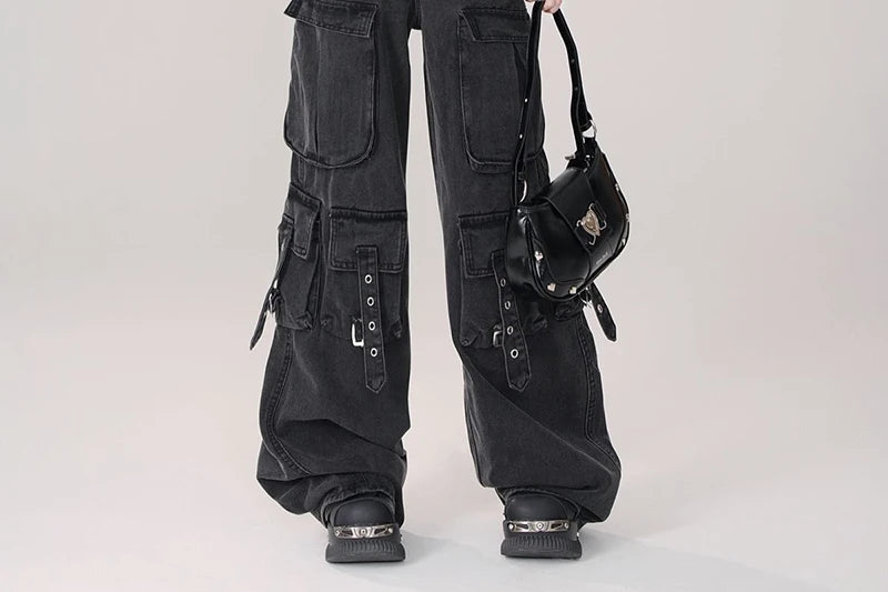 Y2K 2000S Black Cargo Jeans Women Vintage Streetwear Wide Leg Denim Pants Harajuku Aesthetic High Waist Baggy Straight Trousers - Premium Kiosk