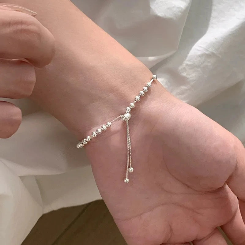 100% Solid 925 Sterling Silver Metal Bracelets for Women Men Adjustable Beads Handmade Simple Birthday Christmas Gift