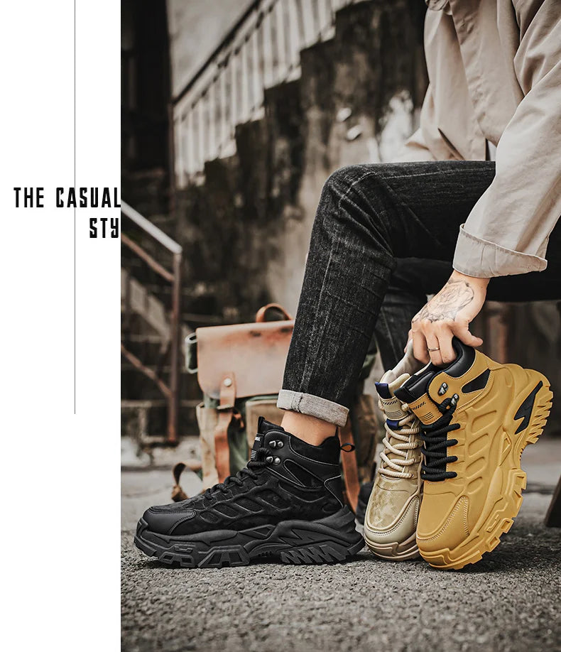 2025 Men's high-top thick-sole casual shoes versatile mixed material daddy sneakers outdoor tooling wear-resistant men's shoes