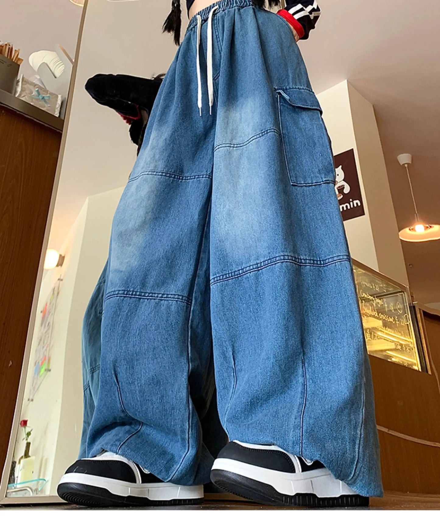 Cargo Jean Loose Wide Leg Workwear Jeans Elastic Waist Men and Women Spring Autumn Faion Brand Waed Out Trousers Straight Cut