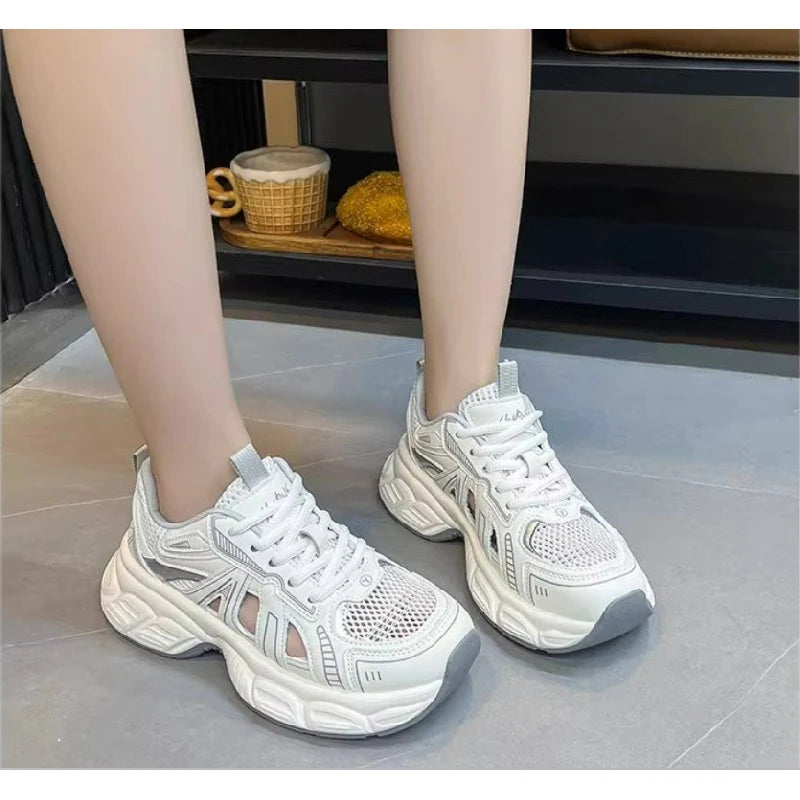 2025 New Fashion Dad Shoes -Breathable Hollow-Out Sneakers with Contrast Laces, Lightweight Summer Walking Shoes for Travel