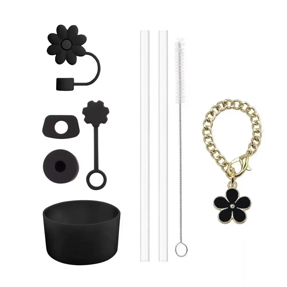 Accessories for Stanley Cup Set of 9, 2 Straw and Brush and 1 Flower Charm Chain 3 Spill Proof Stopper Flowers Straw Cover Boot