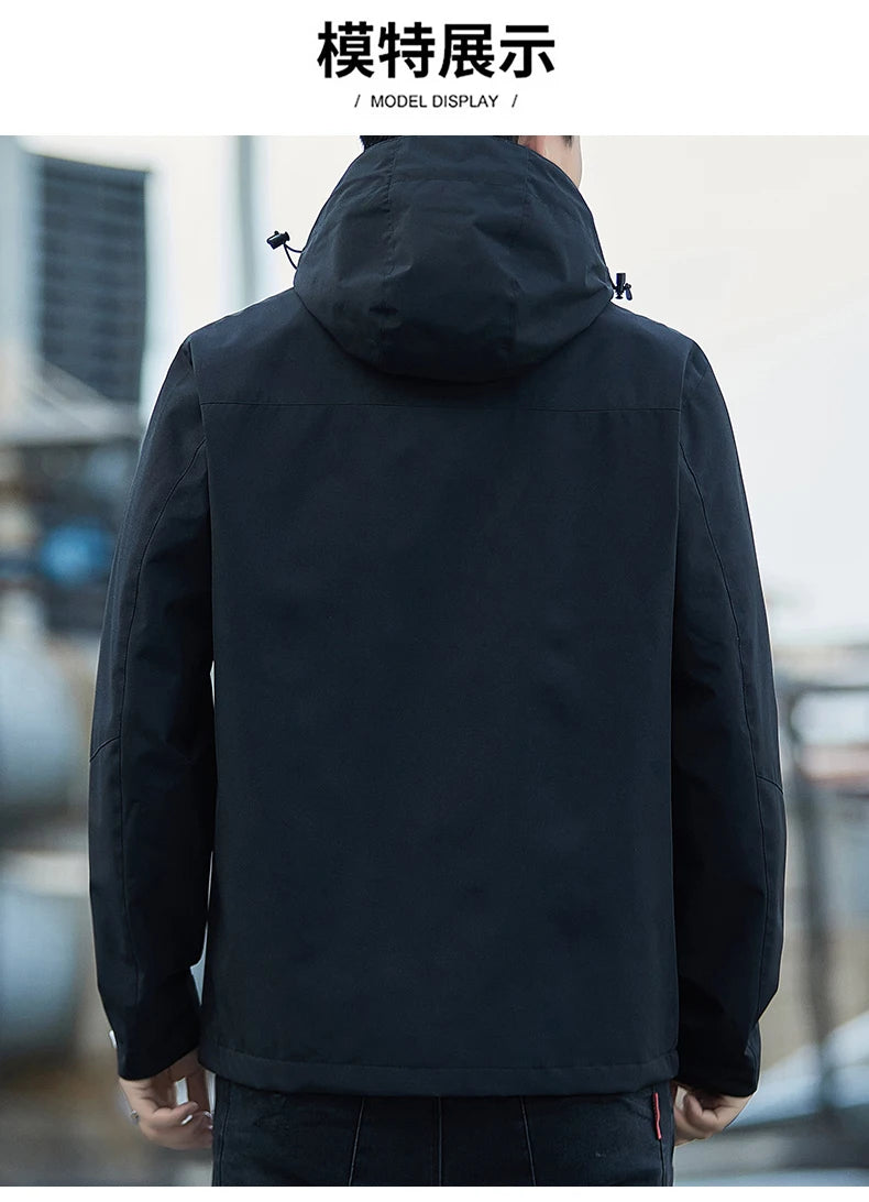 Jacket Men's 2025 Spring and Autumn Fashion Casual Waterproof Hooded Windbreaker Male Outdoor Camping Sports Solid Color Coat