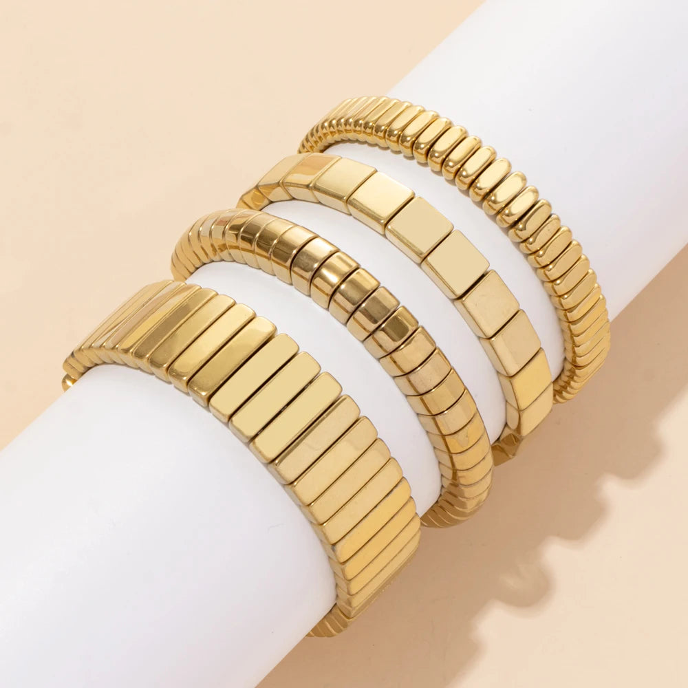 2024 New Design Golden Bracelets For Women Gold Color Hematite Beaded Elastic Bangle Sets Square Shape Beads Accessory