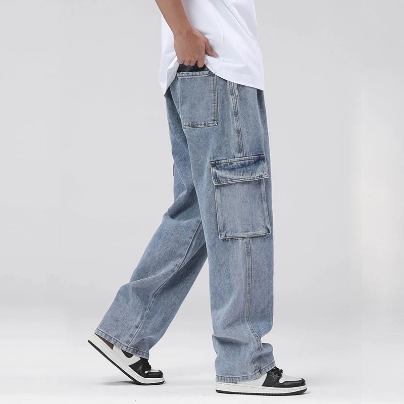 Men's Baggy Straight Cargo Jeans Elastic Waist Drawstring Casual Pants High Street Fashion Vintage Trousers Male Trendy Brand