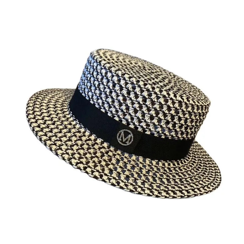 Women's Spring and Summer British Houndstooth Top Hats Seaside Sun Protection Beach Sun Hats Vacation Casual Top Hats