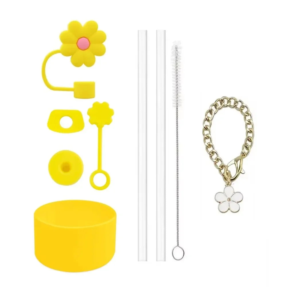 Accessories for Stanley Cup Set of 9, 2 Straw and Brush and 1 Flower Charm Chain 3 Spill Proof Stopper Flowers Straw Cover Boot