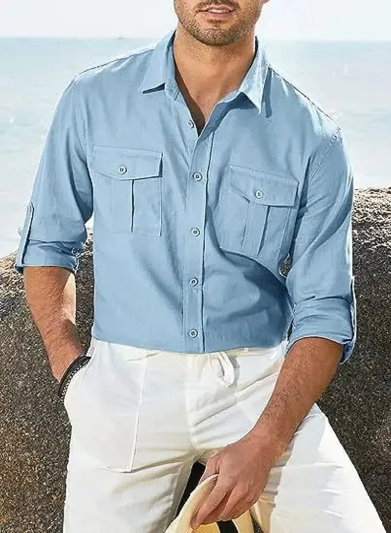 Men's Shirt Double-pocket Long-sleeved Shirt Casual Holiday Shirt Solid Color Simple Lapel Solid Color Work Shirt Top Shirt