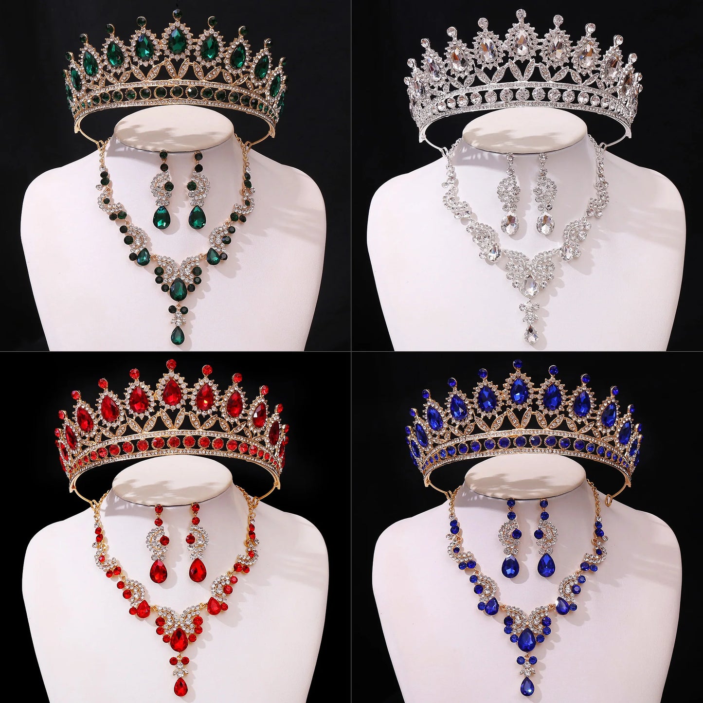 3pcs/set Princess Crown Bridal Jewelry Sets for Girls Water Drop Green Blue Red Crystal Tiaras Necklace Earrings New Jewelry Set