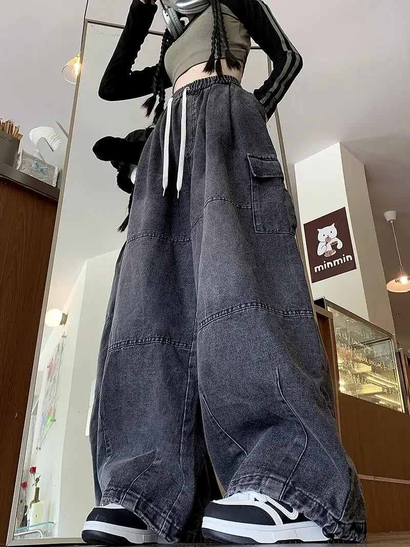 Cargo Jean Loose Wide Leg Workwear Jeans Elastic Waist Men and Women Spring Autumn Faion Brand Waed Out Trousers Straight Cut
