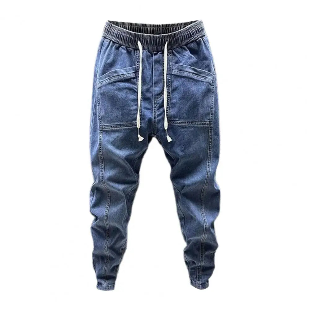 Elastic Waist Jeans Men's Elastic Drawstring Waist Denim Cargo Pants With Pockets Solid Color Harem Trousers For Spring Autumn - Premium Kiosk
