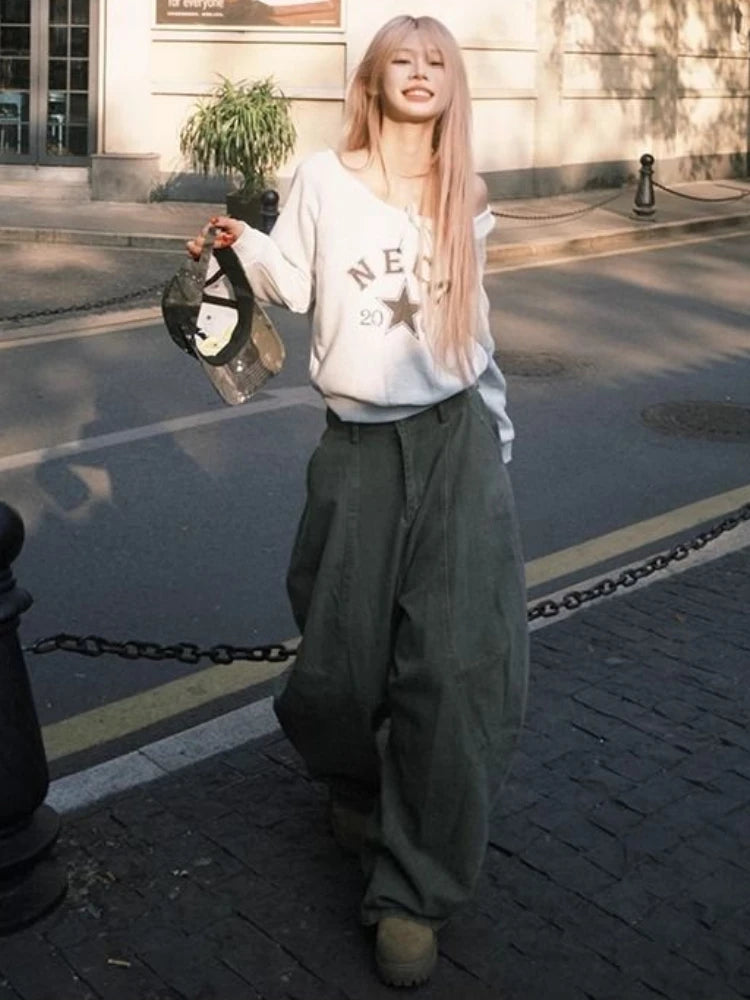 Women's Y2K Vintage Wash Cargo Jeans Harajuku Scimitar Wide Leg American Retro Denim Pants Baggy Trousers Gyaru Streetwear - Premium Kiosk
