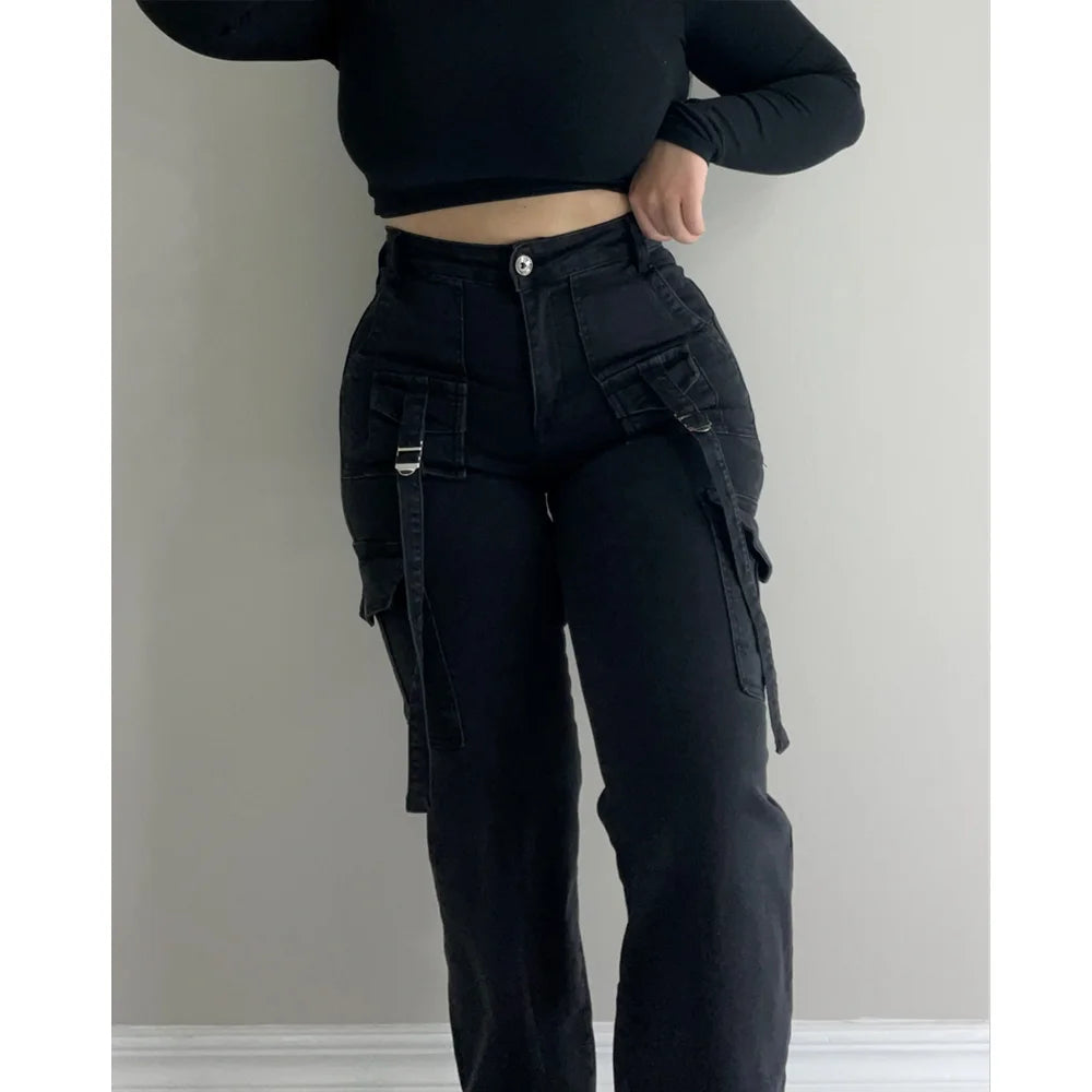 Women Straight Cargo Jeans Women's Streetwear Stretchy High Waisted Jeans Unique Multi-Pocket Female Trousers Pocket Design - Premium Kiosk