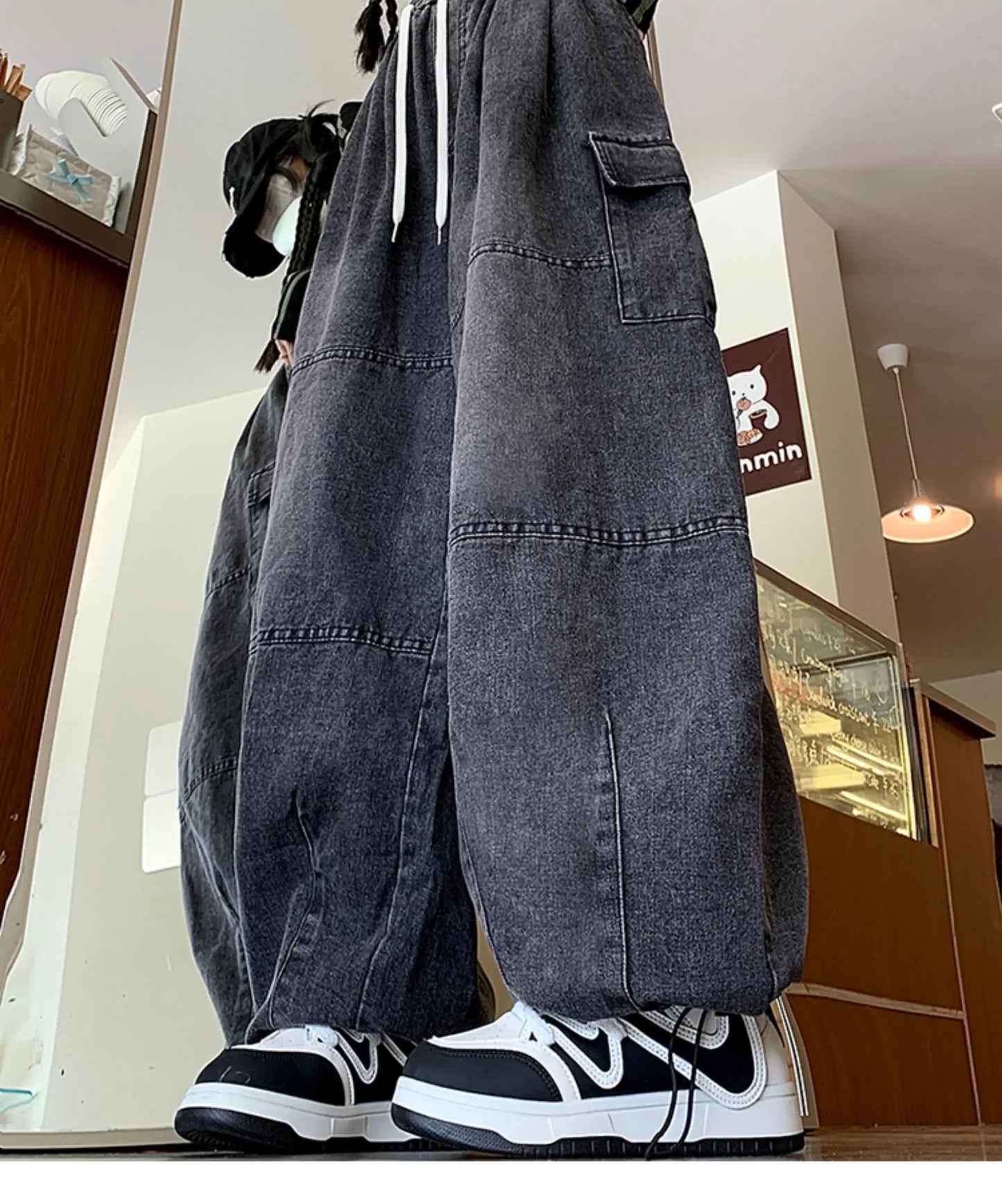 Cargo Jean Loose Wide Leg Workwear Jeans Elastic Waist Men and Women Spring Autumn Faion Brand Waed Out Trousers Straight Cut