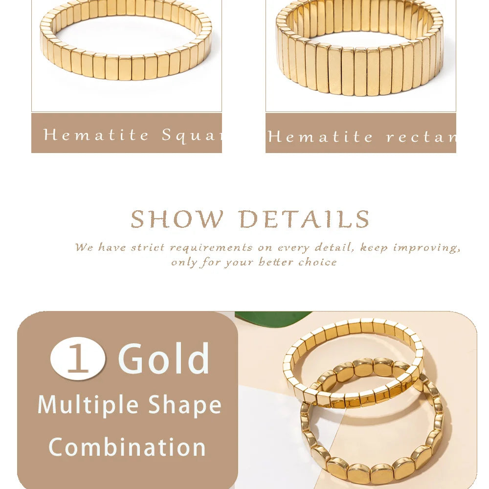 2024 New Design Golden Bracelets For Women Gold Color Hematite Beaded Elastic Bangle Sets Square Shape Beads Accessory
