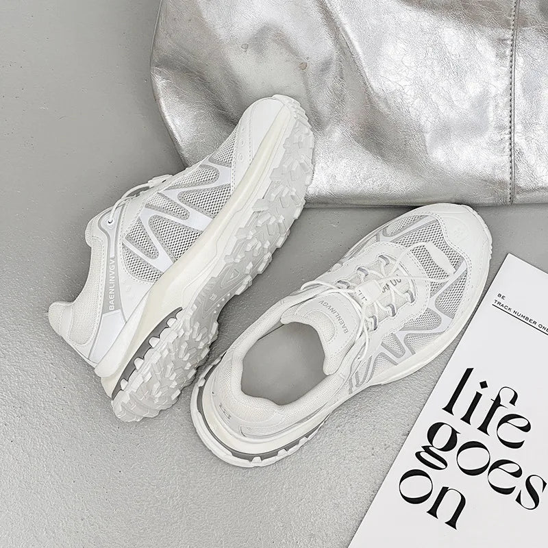 Women's Dad Shoes Thick Sole Heightening 2025 Spring Autumn Pure Color Adult Laced Comfortable Polyurethane Casual Sports Shoes