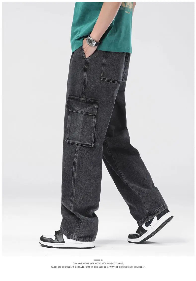 Men's Baggy Straight Cargo Jeans Elastic Waist Drawstring Casual Pants High Street Fashion Vintage Trousers Male Trendy Brand