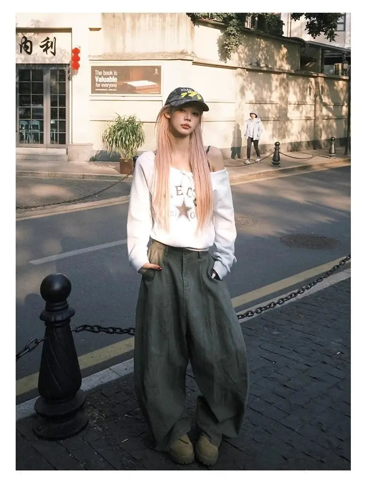 Women's Y2K Vintage Wash Cargo Jeans Harajuku Scimitar Wide Leg American Retro Denim Pants Baggy Trousers Gyaru Streetwear - Premium Kiosk