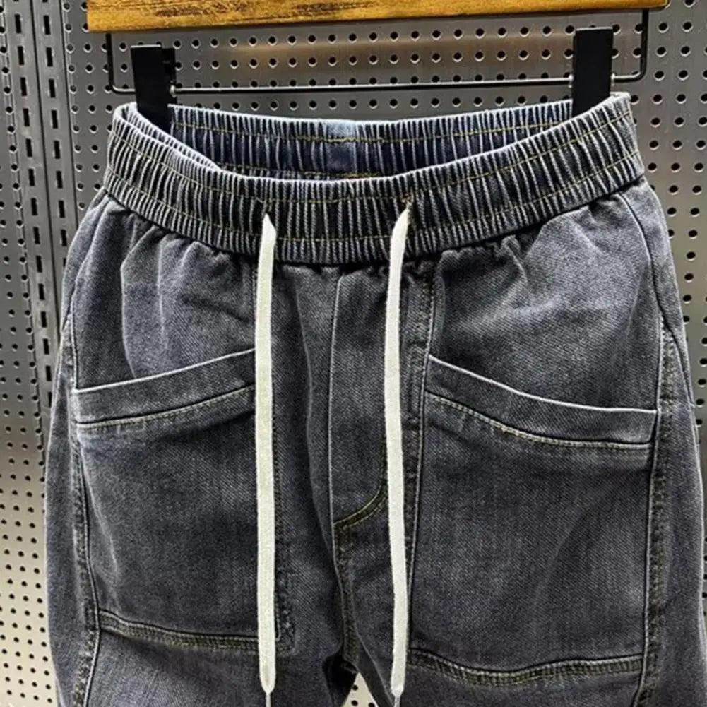 Elastic Waist Jeans Men's Elastic Drawstring Waist Denim Cargo Pants With Pockets Solid Color Harem Trousers For Spring Autumn - Premium Kiosk