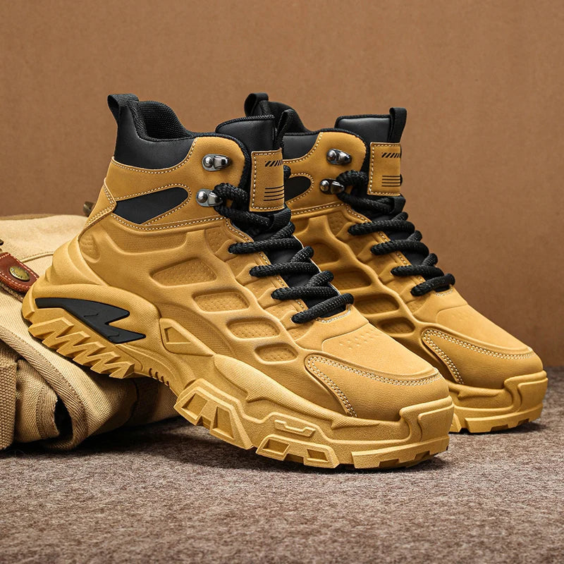 2025 Men's high-top thick-sole casual shoes versatile mixed material daddy sneakers outdoor tooling wear-resistant men's shoes
