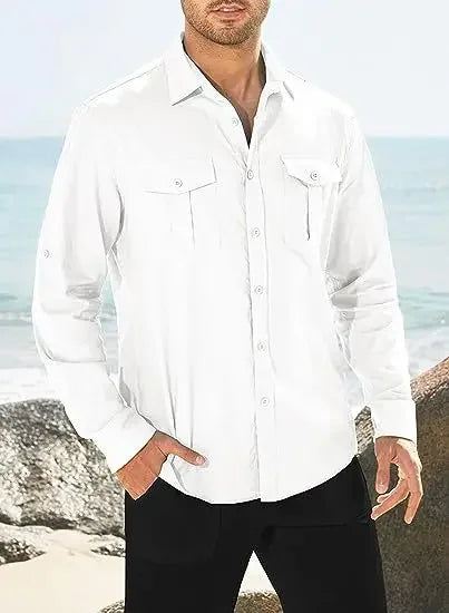Men's Shirt Double-pocket Long-sleeved Shirt Casual Holiday Shirt Solid Color Simple Lapel Solid Color Work Shirt Top Shirt