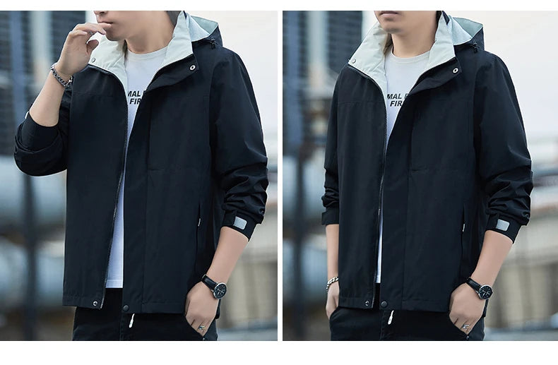 Jacket Men's 2025 Spring and Autumn Fashion Casual Waterproof Hooded Windbreaker Male Outdoor Camping Sports Solid Color Coat