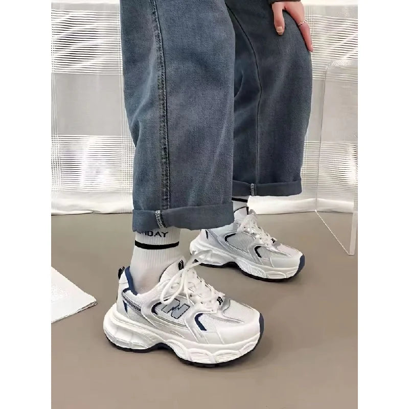 2025 Women's Dad Sneakers, Color-Block Thick-Sole Breathable White Sports Shoes, Casual Running