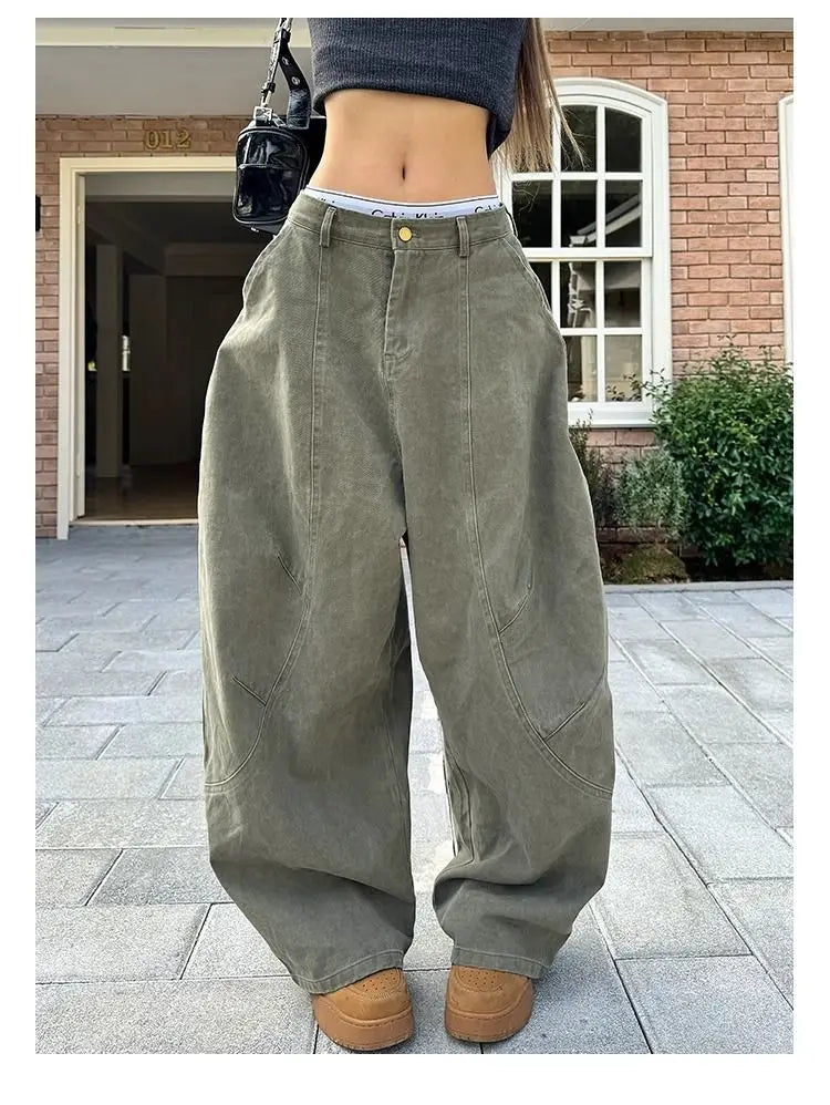 Women's Y2K Vintage Wash Cargo Jeans Harajuku Scimitar Wide Leg American Retro Denim Pants Baggy Trousers Gyaru Streetwear - Premium Kiosk