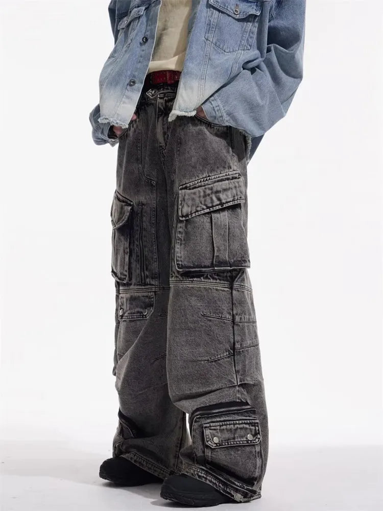 2025 Cyber Y2K Streetwear Washed Grey Baggy Cargo Jeans Pants For Men 90S Vintage Clothes Wide Leg Zipper Gothic Denim Trousers - Premium Kiosk