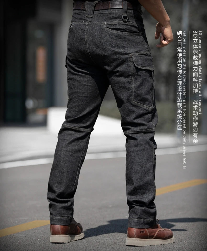 Men's Tactical Jeans Military Denim Cargo Pants Multi-pocket Elastic Casual Work Trousers Outdoor Combat Training Hiking Pants - Premium Kiosk