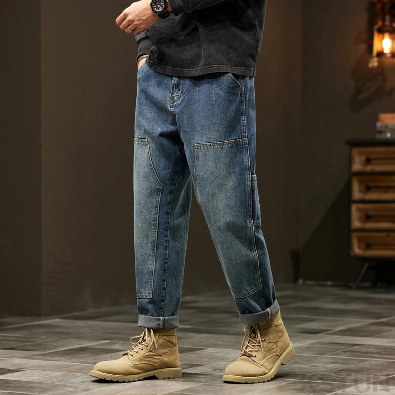 2024 Cargo Jeans Men Harem Pants Loose Baggy Pants Blue Patched Fashion Designer Pockets Trousers Oversized Tapered Streetwear - Premium Kiosk