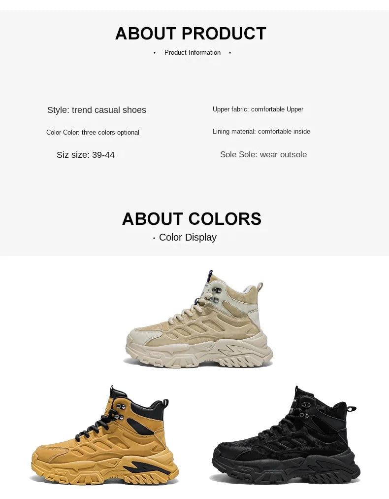2025 Men's high-top thick-sole casual shoes versatile mixed material daddy sneakers outdoor tooling wear-resistant men's shoes