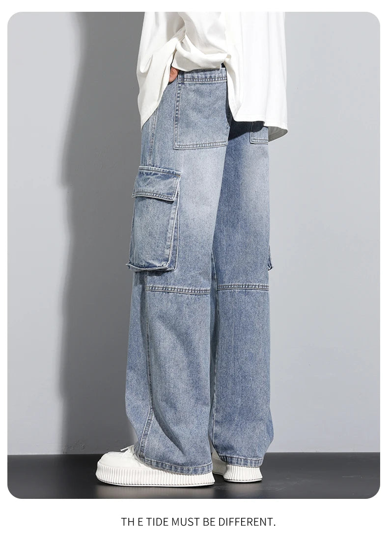 Men's Straight Cargo Jeans New Elastic Waist Multi-pockets Baggy Denim Pants Y2K Fashion Harajuku Streetwear Trousers Male - Premium Kiosk