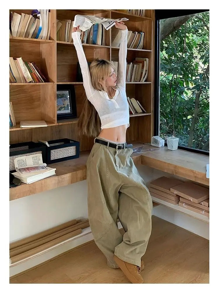 Women's Y2K Vintage Wash Cargo Jeans Harajuku Scimitar Wide Leg American Retro Denim Pants Baggy Trousers Gyaru Streetwear - Premium Kiosk