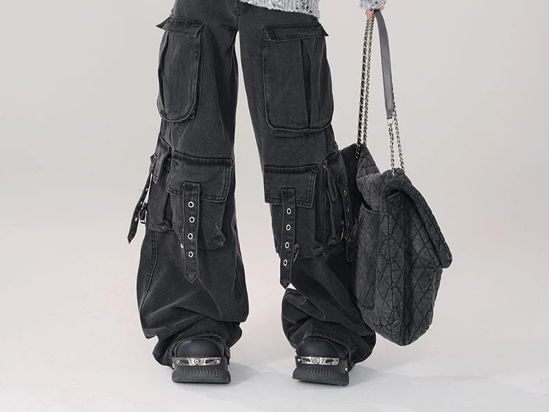 Y2K 2000S Black Cargo Jeans Women Vintage Streetwear Wide Leg Denim Pants Harajuku Aesthetic High Waist Baggy Straight Trousers - Premium Kiosk
