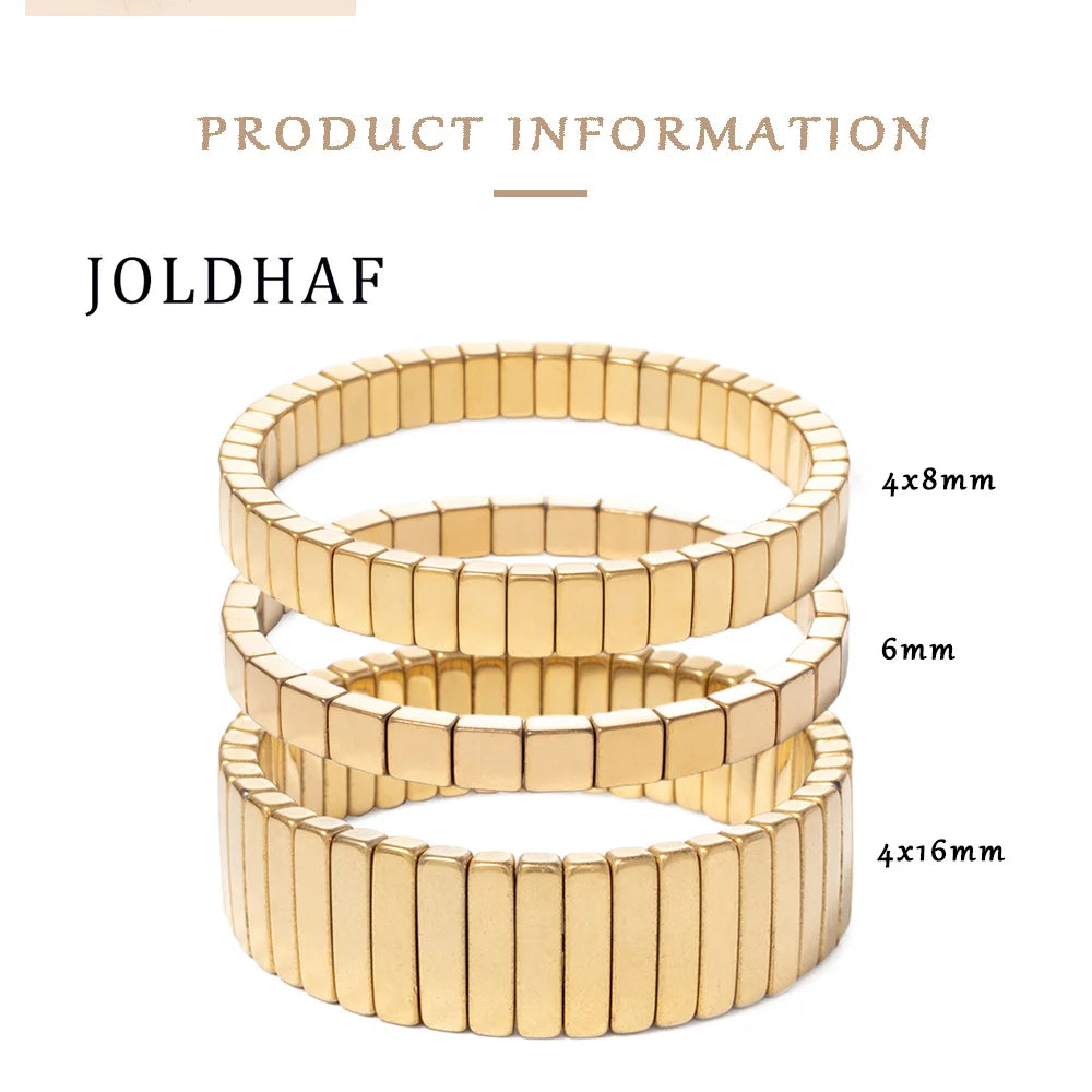 2024 New Design Golden Bracelets For Women Gold Color Hematite Beaded Elastic Bangle Sets Square Shape Beads Accessory